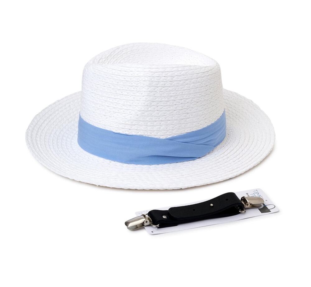 NWT Time and Tru White Straw Fedora Wide Brim Sun Hat w/ Bag Clip One Size